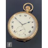 A 9ct hallmarked open faced crown wind pocket watch, Roman numerals to a white enamelled dial,