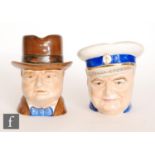 Two 1940s Wilton Pottery Winston Churchill character jugs, the first printed 'Never was so much owed