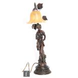 A replica bronze table lamp and shade depicting a semi naked female holding her skirt, height 60cm.