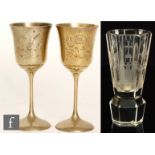 A 19th Century Masonic drinking glass with solid hexagonal foot, etched with Masonic symbols,