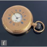 A 9ct hallmarked crown wind, half hunter pocket watch, Roman numerals to a white enamelled dial,