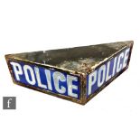 A 1930s pre-war angled illuminated police sign, white lettering on blue background, formerly from
