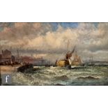 WILLIAM THORNLEY (1857-1935) - A hay barge in choppy sea off a quayside, oil on canvas laid down