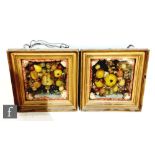 A pair of small 19th Century waxed fruit displays mounted on internal mirror backs, in gilt