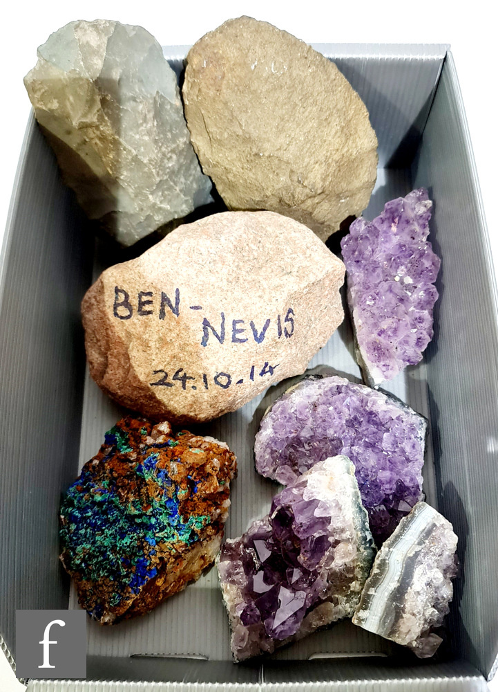 Two Neolithic stone hand axes, a rock specimen from Ben Nevis, three pieces of amethyst natural