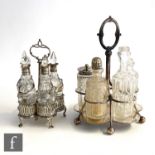 A Georgian hallmarked five bottle cruet, the pierced stand encompassing four clear cut glass bottles