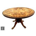 A Victorian inlaid walnut loo table on four pedestal supports, width 116cm, A/F.