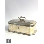 A silver hallmarked casket of rectangular form with wood lining and engraved initial, length 24cm,