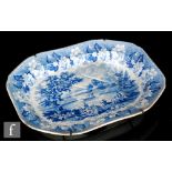 A large 19th Century Rogers Views Series blue and white meat plate, or well and tree carving dish,