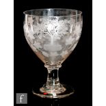 A large early 19th Century ceremonial ale rummer, the ovoid bowl engraved with a tree above a