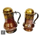Two early 18th Century copper tankards or pots, each with separate pierced brass covers