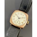 An early 20th Century 9ct hallmarked gentleman's wrist watch, Arabic numerals to a white enamelled