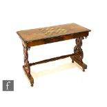 A Victorian marquetry inlaid games table with chequer board top, pierced end supports united by a