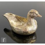 A Victorian hallmarked silver pap boat modelled as a duck with engraved feather details to body,