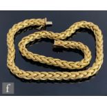 A later 20th Century 18ct matt finished woven link necklace terminating in tongue and box