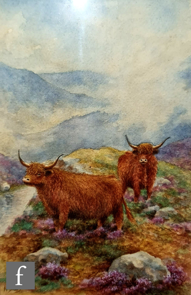 HARRY DAVIS (1885-1970) - Highland cattle in a misty mountain landscape, watercolour, signed,