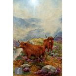 HARRY DAVIS (1885-1970) - Highland cattle in a misty mountain landscape, watercolour, signed,