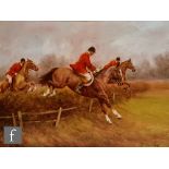 B. COLLINS (CONTEMPORARY) - Hunters jumping a fence, oil on canvas, signed, framed, 30cm x 40cm,