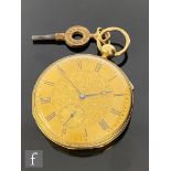 A 19th Century 18ct open faced quarter repeater pocket watch, Roman numerals to a gilt dial, case
