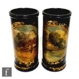 A pair of mid 19th Century painted lacquered cylindrical spill vases, depicting Charlecote