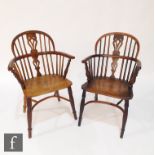 A near set of six 19th Century yew wood and elm Windsor elbow chairs, slat backs on splayed legs