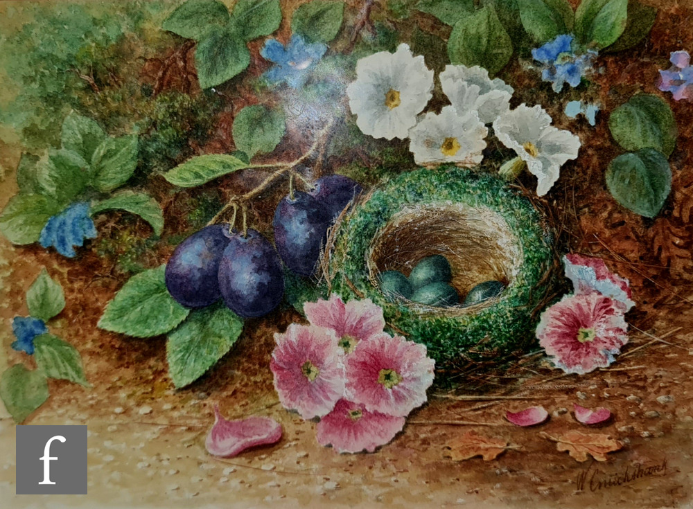 WILLIAM CRUIKSHANK (1848/9–1922) - A still life composition with damsons, flowers and a bird's nest,