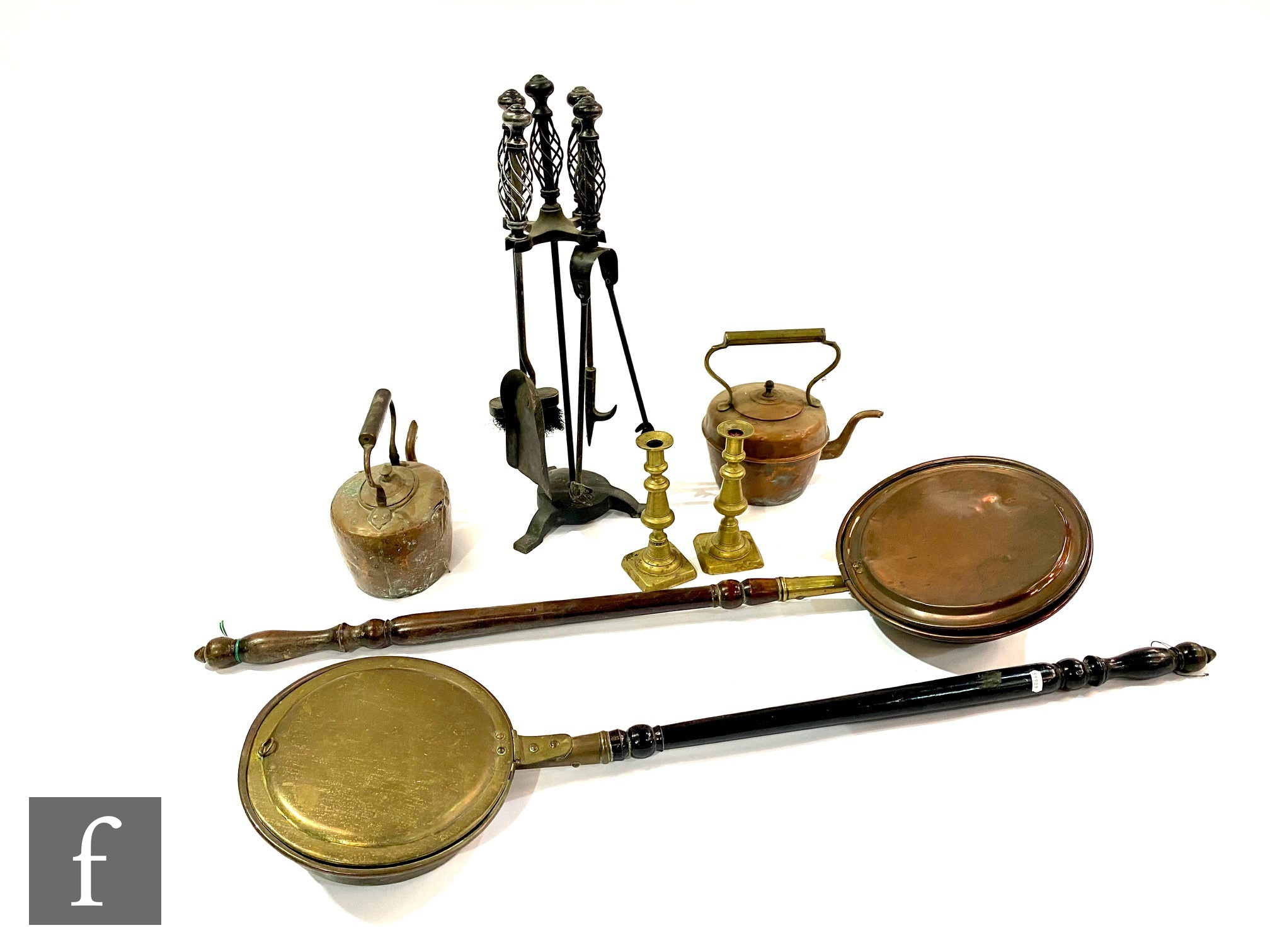 A 19th Century brass warming pan, a copper warming pan, two copper kettles, a pair of brass