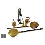 A 19th Century brass warming pan, a copper warming pan, two copper kettles, a pair of brass