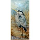 WILLIAM E. POWELL (1878-1955) - A heron amongst bulrushes, watercolour, signed, framed, 20cm x 10cm,