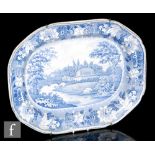 A large 19th century blue and white meat plate or platter, decorated with a scene of Leamington