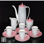 A post war Cmielow coffee set in grey with white dash lines and contrasting pink lids, comprising