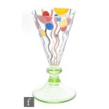 A 1930s Stuart and Sons drinking glass with conical bowl, enamel decorated with polychrome