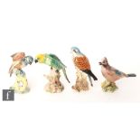 Four Beswick bird figures comprising a 2316 Kestrel, a 930 Budgie, a 929 Chickadee and a 2417 Jay,