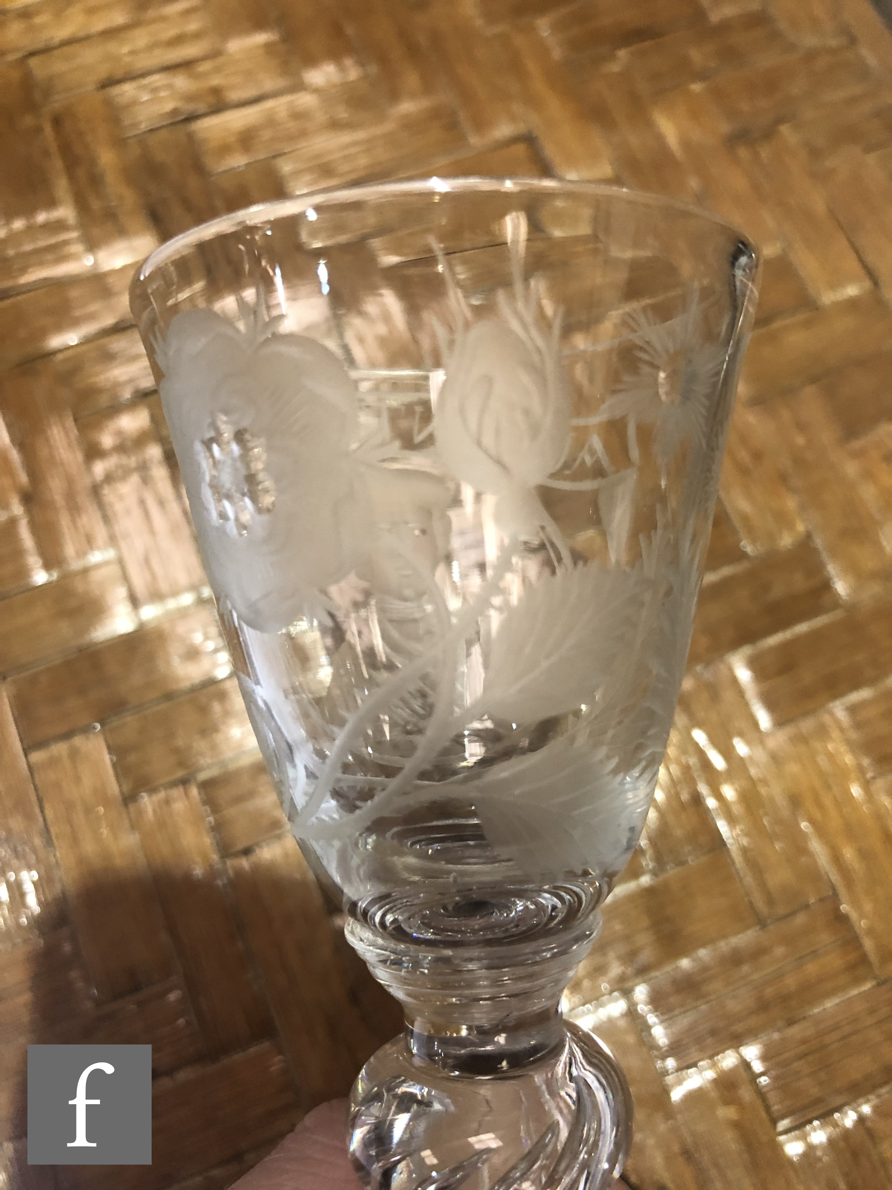 An 18th Century drinking glass circa 1750, the round funnel bowl engraved with a head and - Image 2 of 16