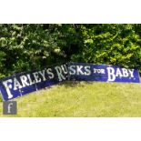 A very large vintage Farley's Rusks enamel advertising sign, possibly a tram sign, the dark blue