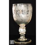 A 19th Century large glass marriage goblet, the round funnel bowl etched William and Ann Fall, 1870,
