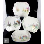 Four 1930s Art Deco Shelley Queen Anne shaped cake or bread and butter plates comprising one in