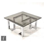 A Pieff 'Mandarin' coffee table of square form, designed by Tim Bates, the smoked glass top above