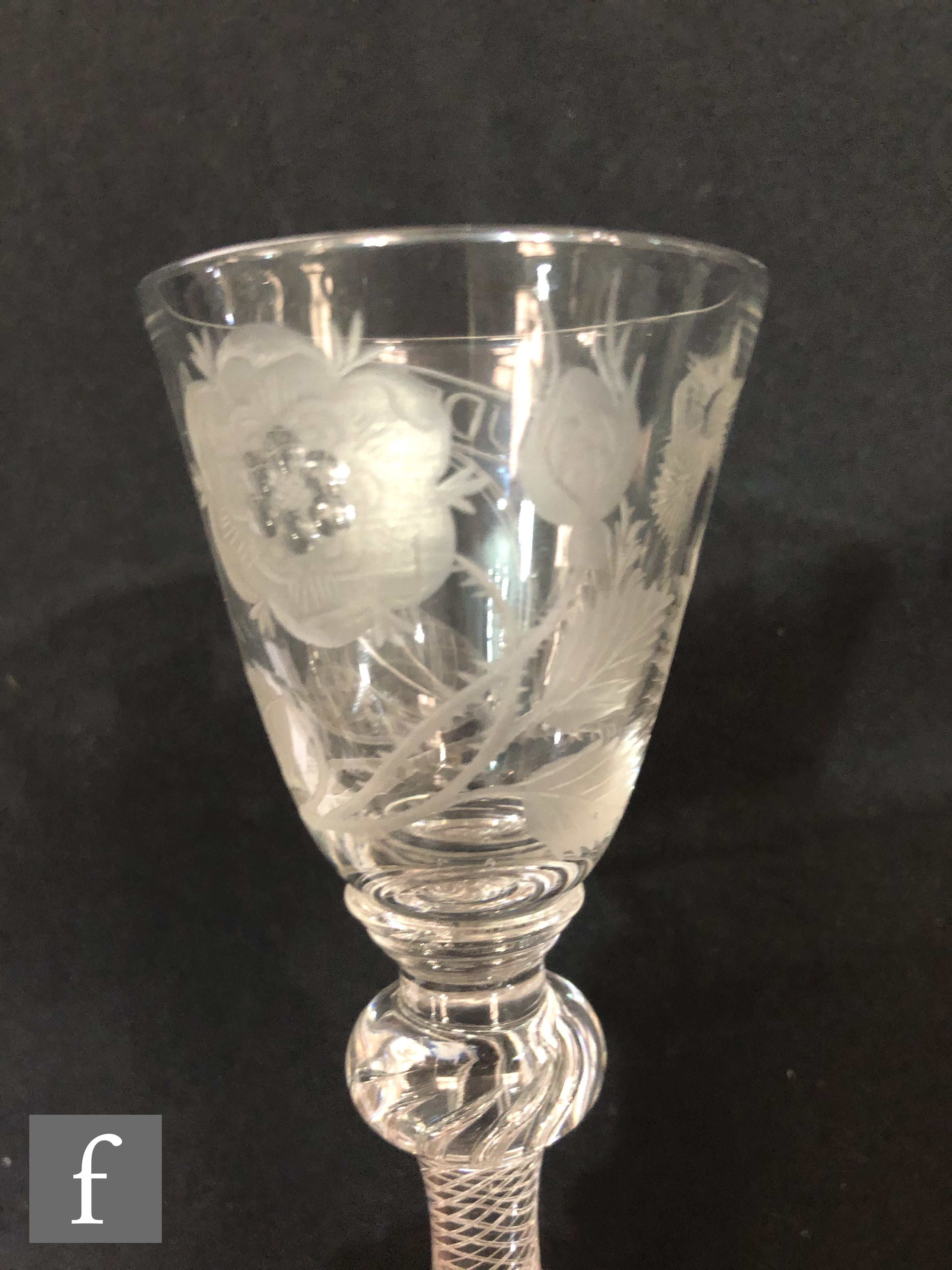 An 18th Century drinking glass circa 1750, the round funnel bowl engraved with a head and - Image 12 of 16