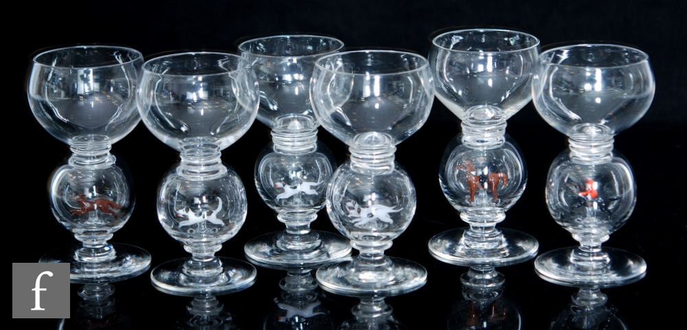 A set of six 1930s Stevens & Williams clear crystal glass drinking glasses with a cup form bowl