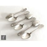 A set of six hallmarked silver fiddle pattern dessert spoons, total weight 7.5oz, London 1834,