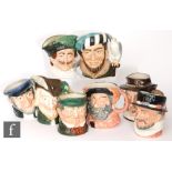 Eight assorted Royal Doulton character jugs comprising The Cavalier, The Falconer, Izaak Walton,