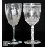 A late 19th Century Richardsons clear crystal wine glass, the bowl acid etched with classical female