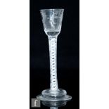 An 18th Century cordial glass circa 1765, the small round funnel bowl with basal fluting and