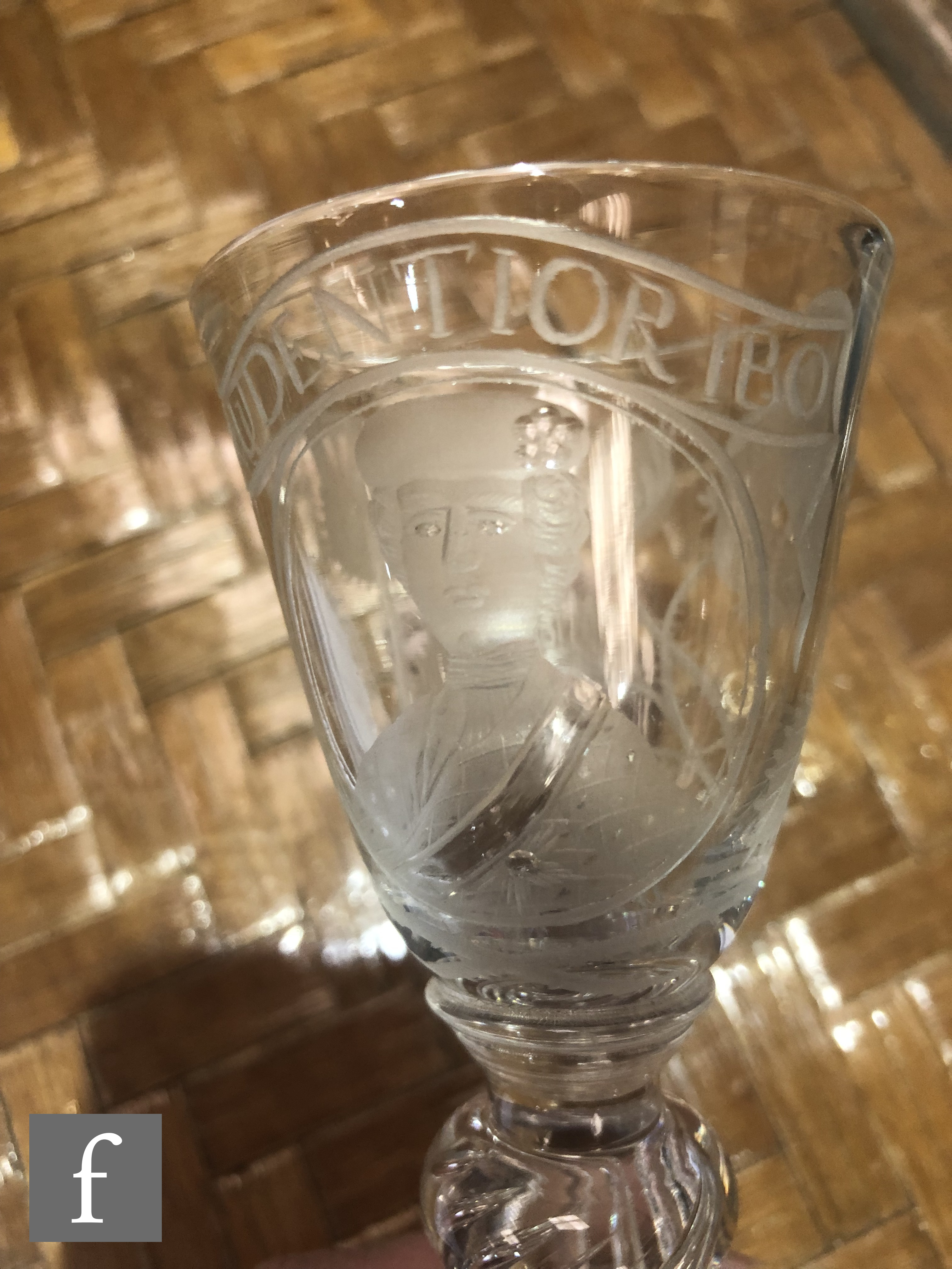 An 18th Century drinking glass circa 1750, the round funnel bowl engraved with a head and - Image 5 of 16