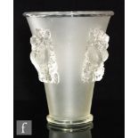 A post war Lalique Saint Emilion vase in frosted and clear glass with applied birds amidst