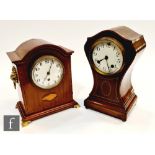 An Edwardian chequer strung inlaid mahogany bracket clock, circular white enamelled dial, the case