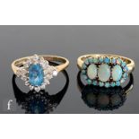 A 9ct hallmarked blue zircon and diamond cluster ring, weight 2.4g, ring size N, with a 9ct opal
