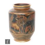 A post war Flambe Rorstrand vase decorated with a lioness and lion in tones of brown and black