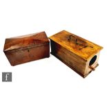 A 19th Century mahogany sargophagal shaped tea caddy and a two drawer walnut table cabinet
